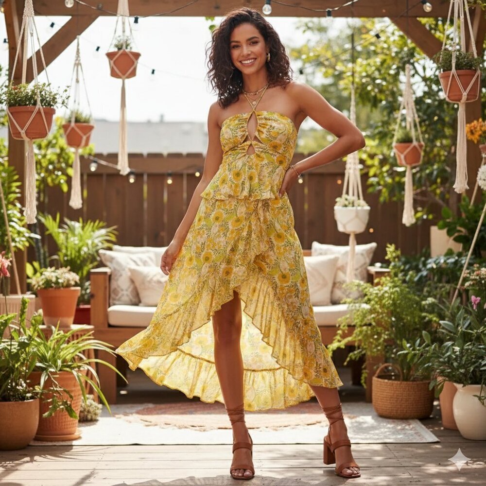 ASTR Vivee High Low Midi Dress in Yellow Floral Size Small NWT - Picture 1 of 10